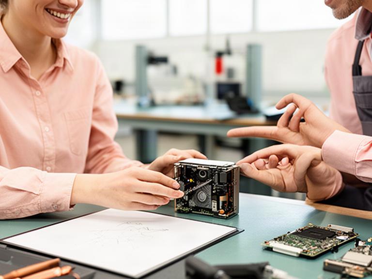 Cliente completando una solicitud de reparación junto a un equipo electrónico en un mostrador
