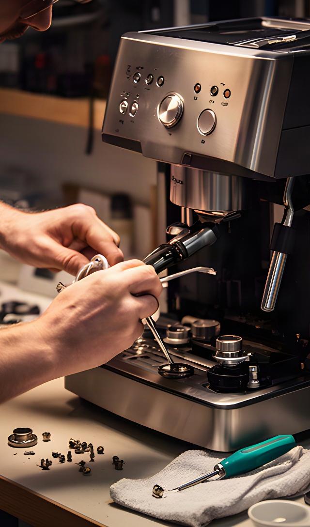 Especialista reparando una cafetera doméstica sobre una mesa de trabajo ordenada