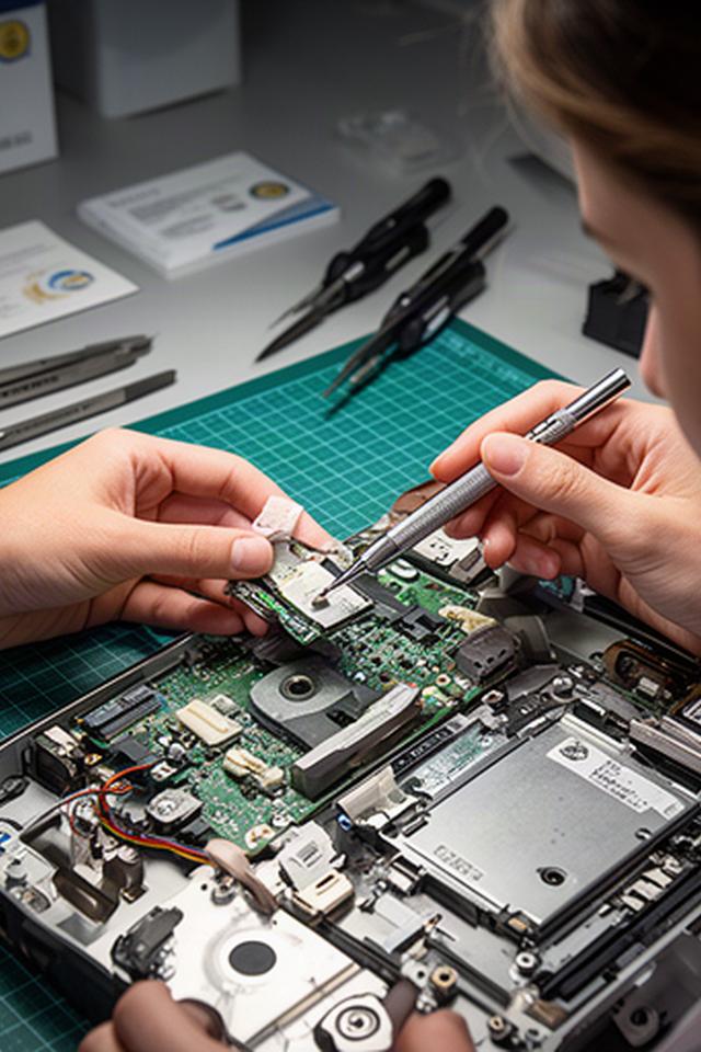 Técnica instalando un repuesto original en un equipo electrónico con precisión