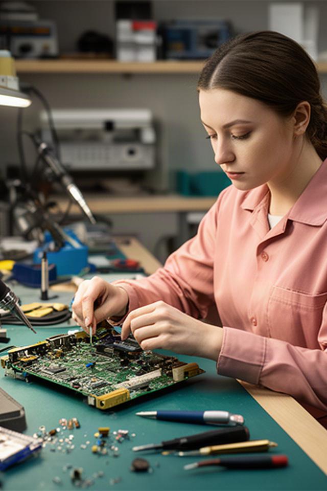 Técnica revisando una placa electrónica en un taller ordenado de reparación