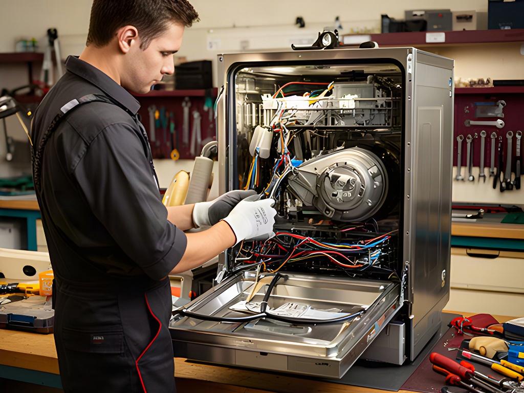 Técnico realizando mantenimiento en un electrodoméstico abierto en el taller