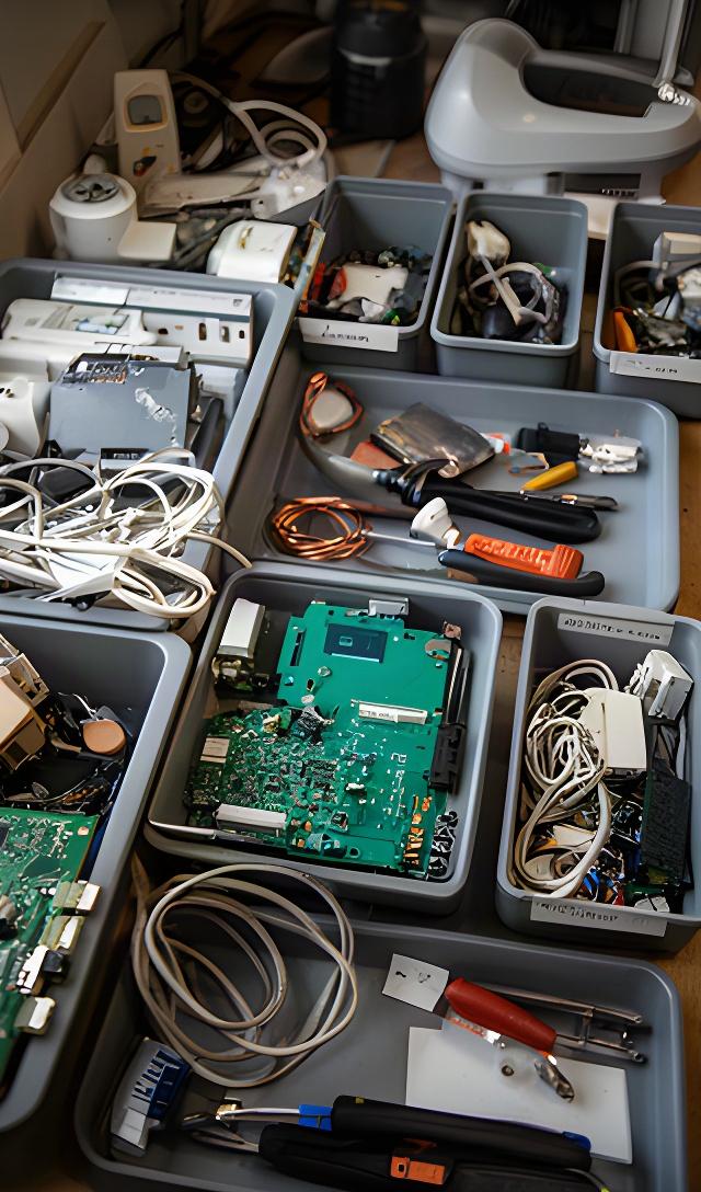 Componentes electrónicos clasificados para reparación y reutilización en un taller