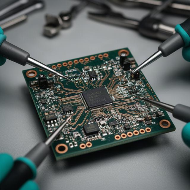 Placa de control electrónica revisada con precisión en un banco técnico