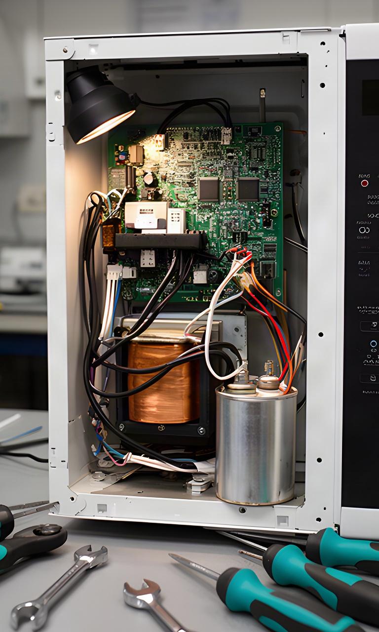 Microondas abierto en un taller con su placa de control y componentes visibles