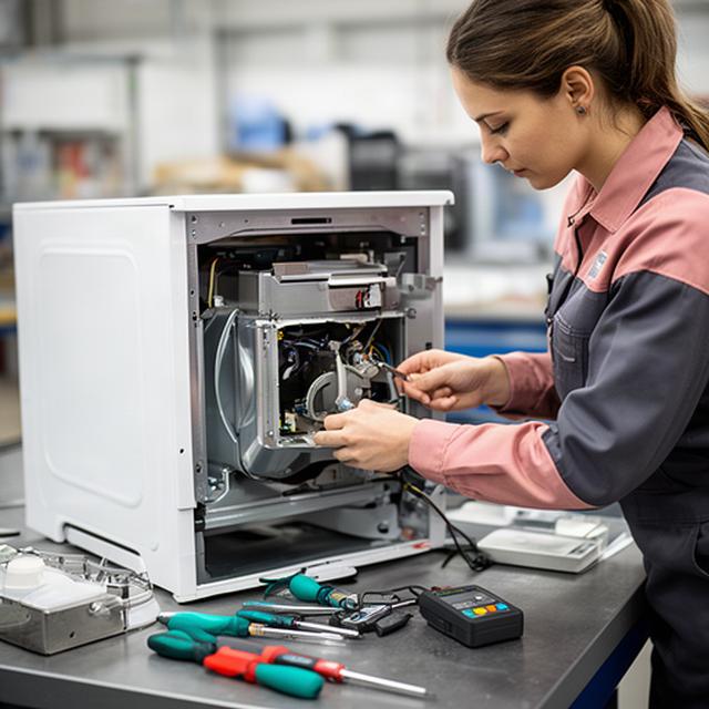 Técnica revisando el interior de un electrodoméstico en el taller